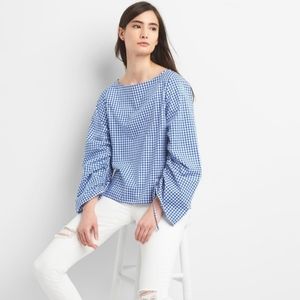 GAP Ruched Sleeve Boatneck Gingham Top